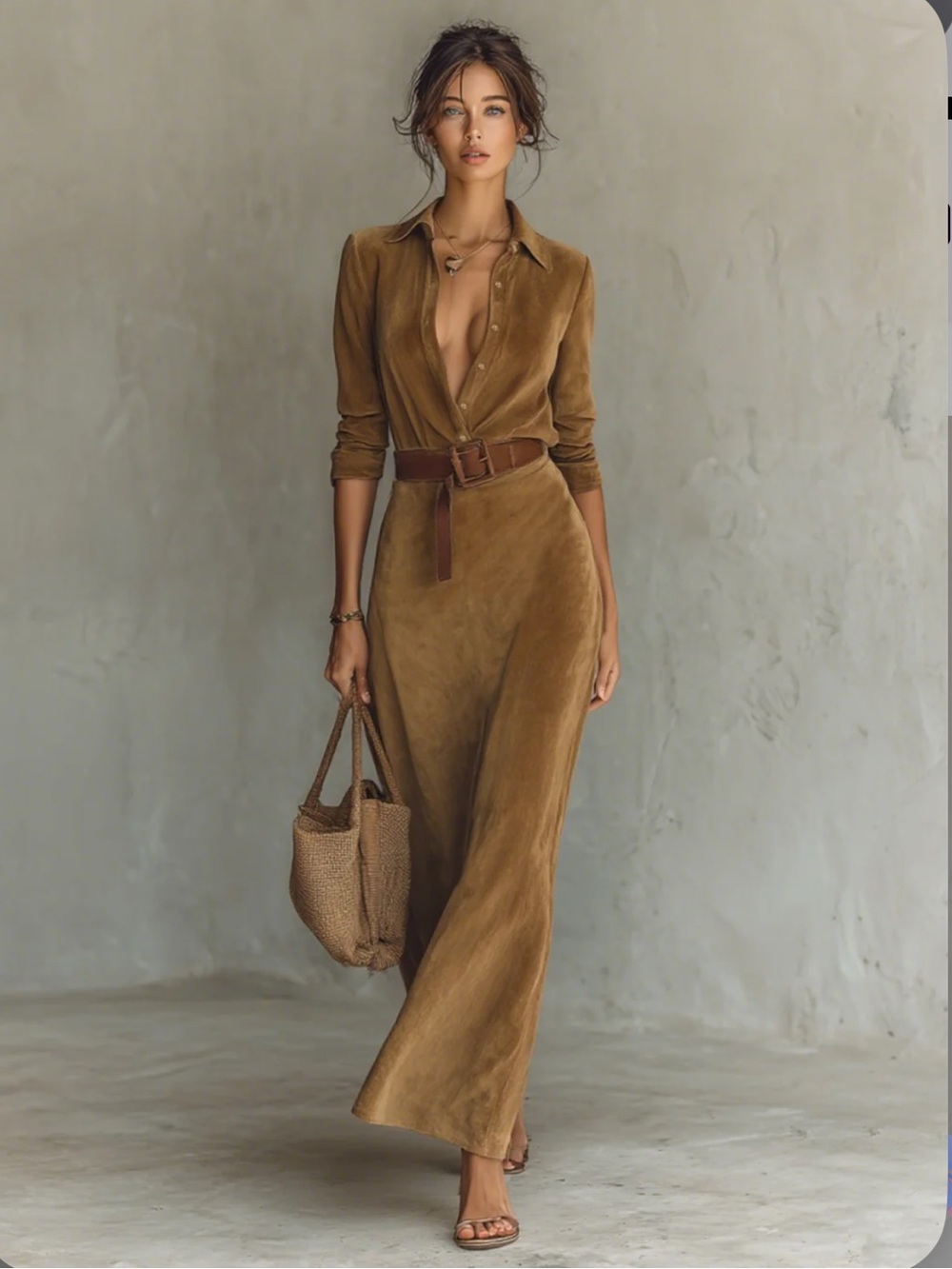 Modesees Faux Suede Single-breasted Lapel Maxi Dress in Cognac M
